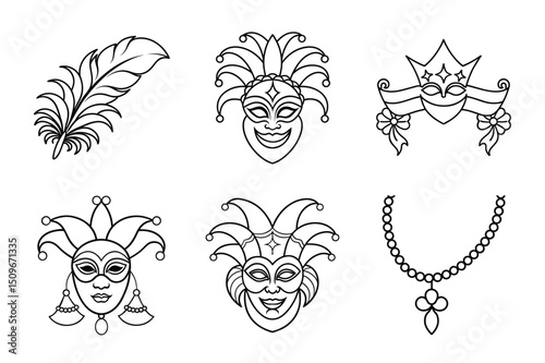 Black and White Carnival Masks and Musical Instruments Line Art Set
