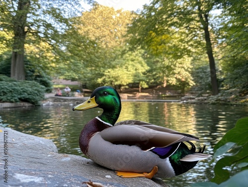 Park duck by a pond