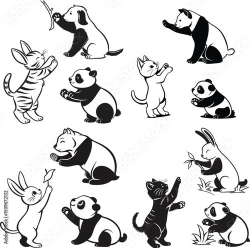 Cute Minimalist Animal Silhouettes Kitten, Puppy, Bunny And Panda Vector Icons