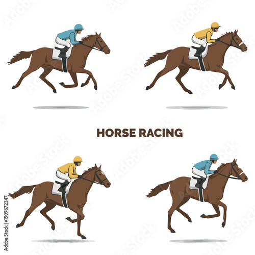 vector sport horse racing, isolated colour in white background. human and brown horse. set 4 vector.  