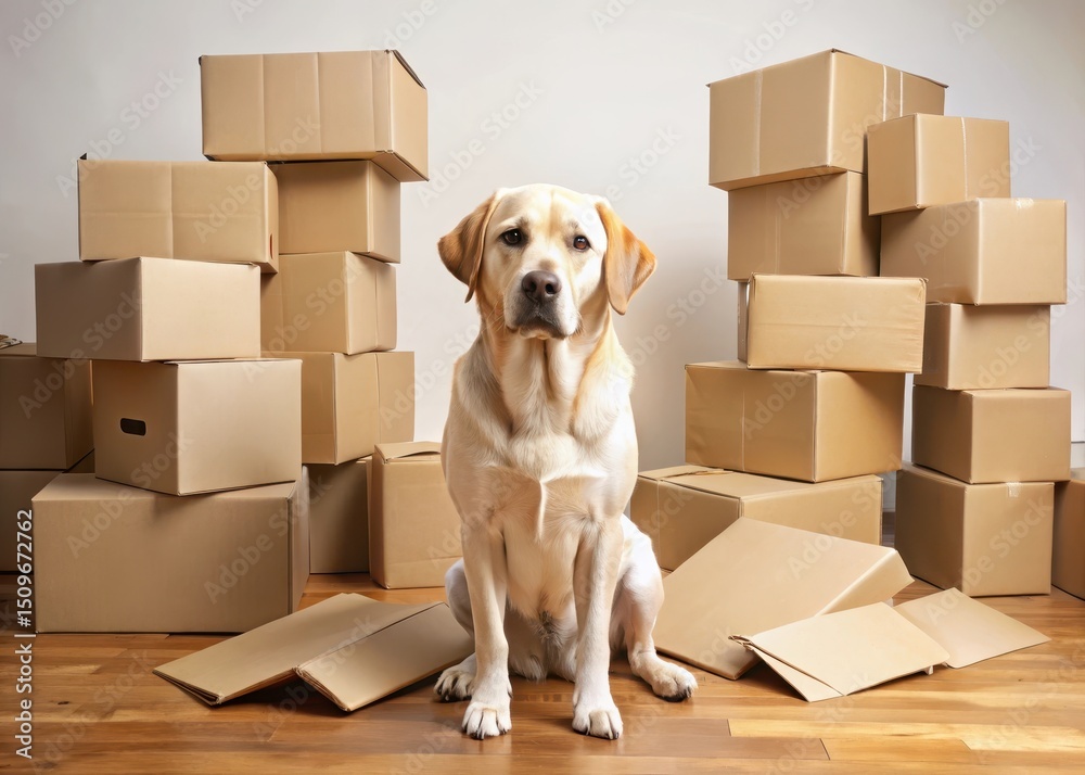 Fototapeta premium Labrador retriever surrounded by moving boxes