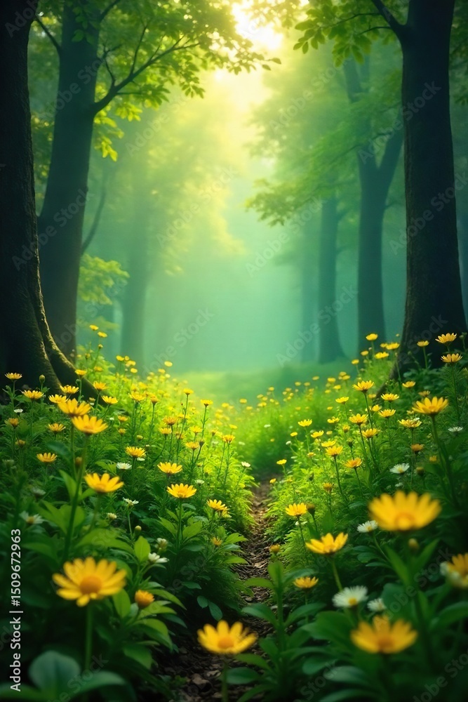 Fototapeta premium Enchanted fairy realm, delicate yellow wildflowers bloom in a mystical forest bathed in soft sunlight, creating an ethereal, magical scene , fairytale, magical