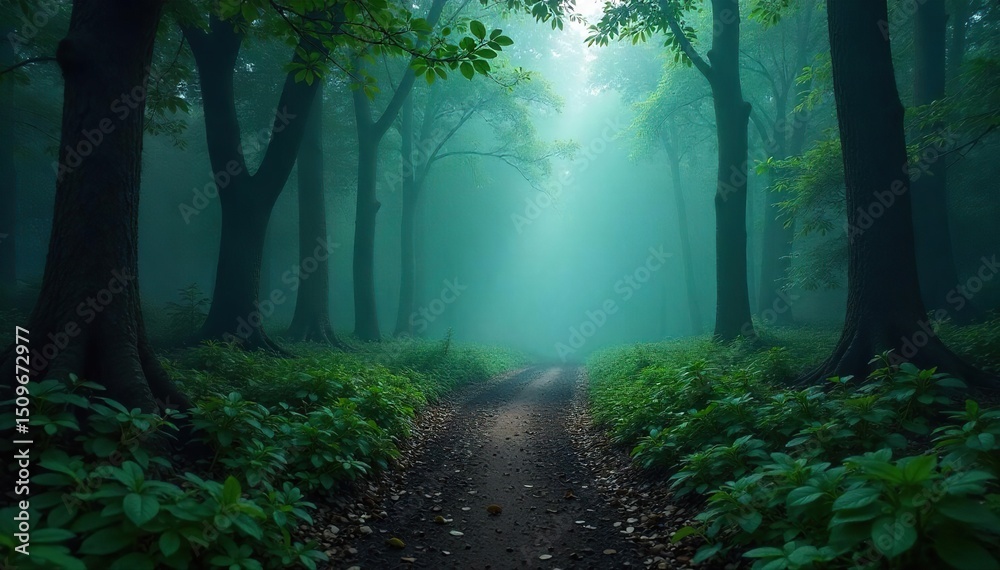 Fototapeta premium A faint, ethereal trail winds through a misty forest, disappearing into the dense foliage The path is barely visible, suggesting a mystical, otherworldly presence , otherworldly, path, mystical