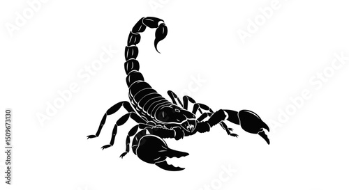 Detailed Monochrome Illustration of a Scorpion with Curved Tail Segments and Stinger Isolated on White Background
