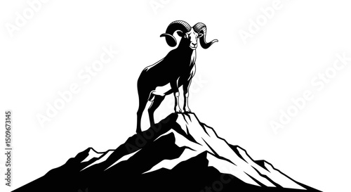 Monochrome Ram Silhouette Standing Atop Jagged Mountain Peak With Jagged Ridges and White Background High Contrast