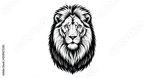 Monochrome Lion Portrait Illustration of a Majestic Animal with Intricate Mane Details and Powerful Gaze on Clean White Canvas