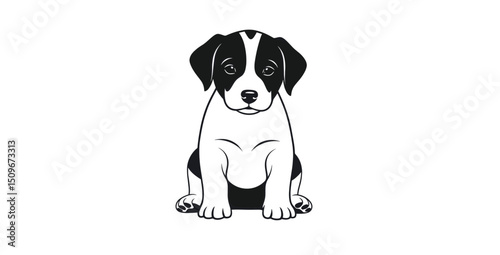 Adorable Black and White Puppy Sitting Calmly with a Playful Demeanor and Furry Coat