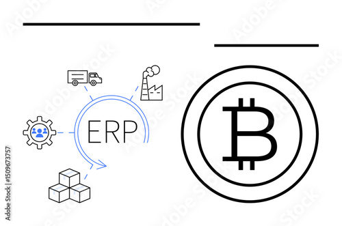 ERP flow connects logistics, manufacturing, team, and inventory. Bitcoin indicates blockchain integration. Ideal for supply chain, industry automation, digital transformation, efficiency financial