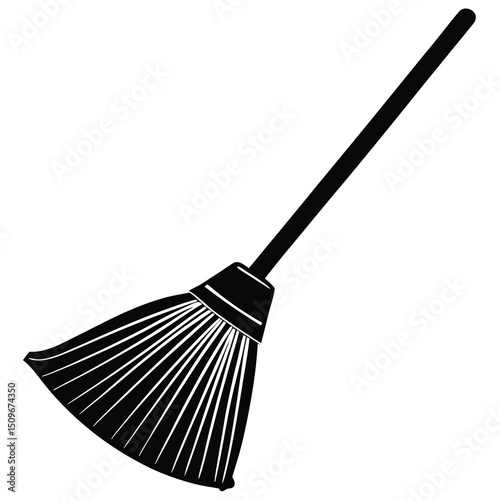 Silhouette of a broom with wooden handle and angled bristles