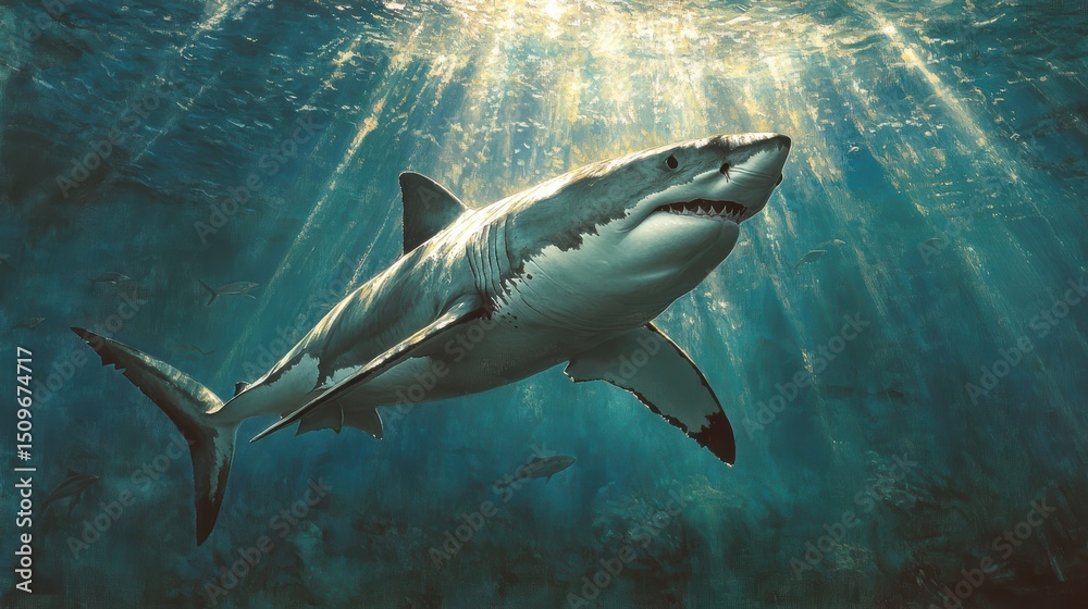 Fototapeta premium Majestic Great Shark Swimming Gracefully in Clear Ocean Water