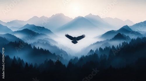 Majestic Eagle Soaring Above Misty Mountains at Sunrise