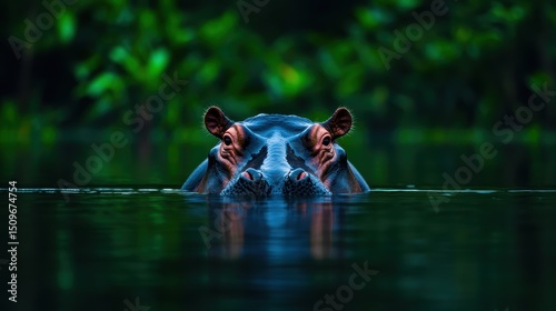 Close-Up of Hippopotamus Head Emerging from Water in Lush Habitat