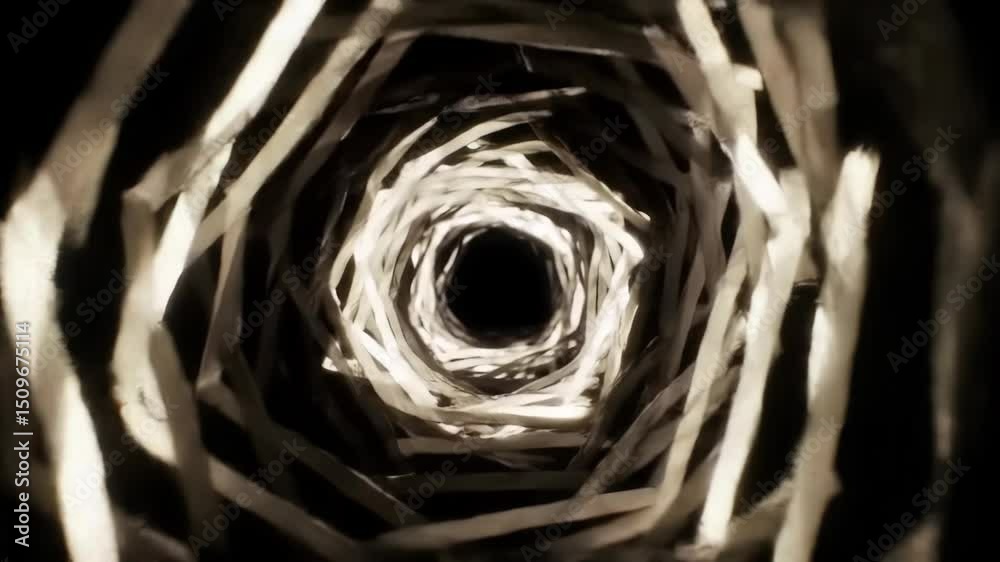 Abstract tunnel of radiating lines with rhythmic light pulses and endless rotation effect