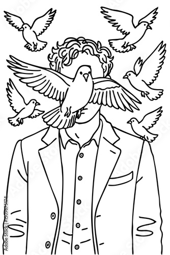 Flying Pigeons covering me doodle line art