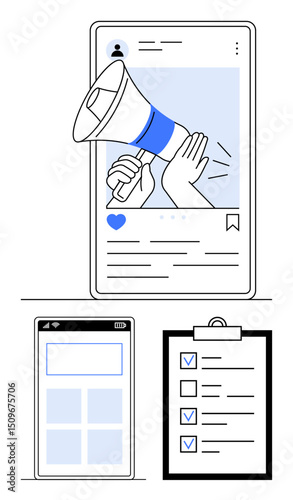 Megaphone on social media post, a mobile app layout, and a checklist. Ideal for marketing, social media, planning, productivity, audience messaging and campaigns. Simple landing page