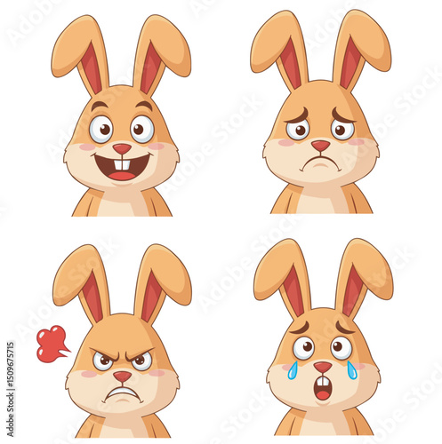 Cute cartoon bunny rabbits with big ears showing different emotions: happy, sad, angry with steam, and crying with tears, all on a clean white background.