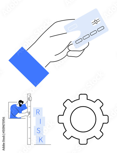 Hand holding credit card, person stacking risk blocks, gear outline. Ideal for payment systems, risk management, process optimization, financial planning, operations strategy, fintech simple landing