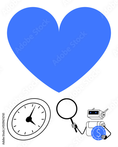 Blue heart above clock, magnifying glass, and robot with coin, representing love, time management, exploration, and financial concepts. Ideal for technology, finance healthcare analytics time