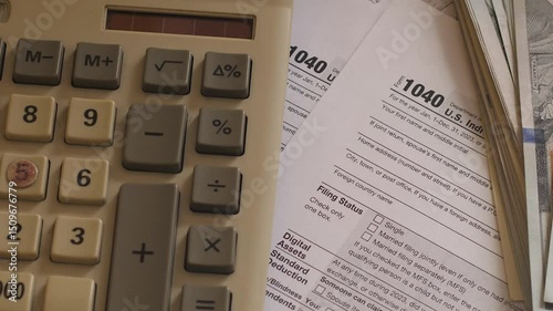 Close-up calculator calculating income expenses, tax form 1040 and US dollar cash nearby