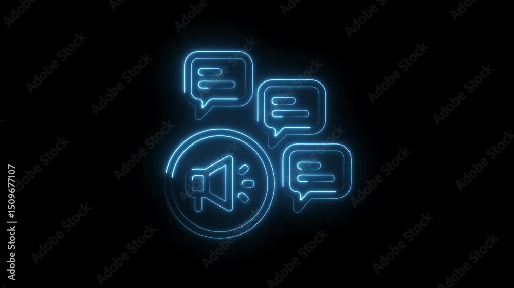 Glowing neon bullhorn icon surrounded by speech bubbles animation on black background Glowing neon bullhorn icon surrounded by speech bubbles animation on black background