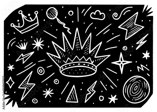 Artistic doodle illustration of crown and various elements with transparency for versatile design