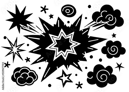 Black and white abstract explosion and stars graphics on a white background