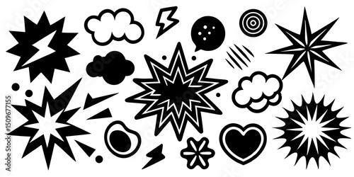 Black and white comic book effect elements on white background for design purposes