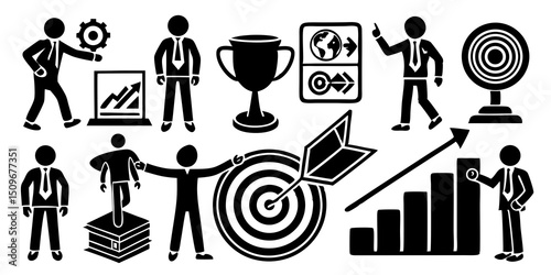 Business concepts illustrated with stick figures representing success and strategic planning