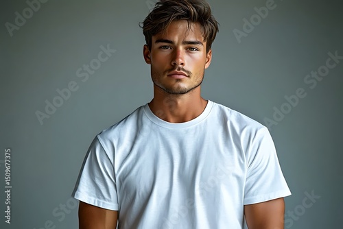 young man mockup wearing plain white t shirt on gray background

