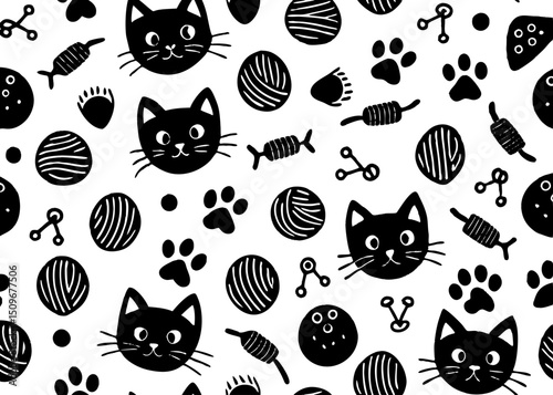 Cute cat pattern design with seamless arrangement of black cat faces and paw prints