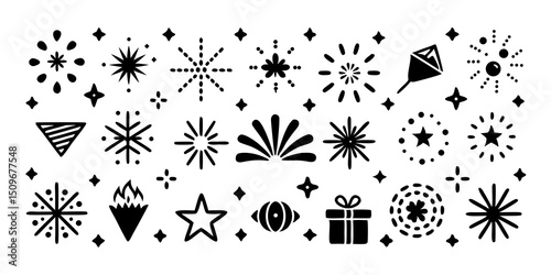 Festive silhouettes collection featuring stars fireworks gift box and other celebration elements
