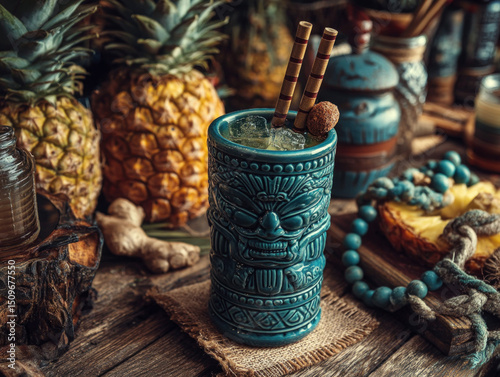 Colorful tiki mug with trop...
