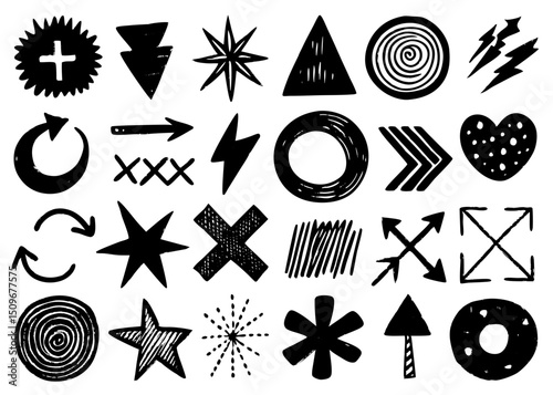 Hand drawn abstract shapes and icons isolated on white background with transparency