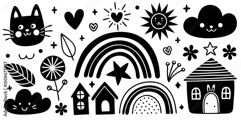 Obraz premium Playful black and white vector illustrations of cute cartoon characters and decorative elements