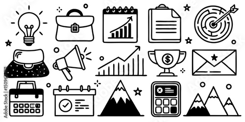 Hand-drawn business and finance icons representing concepts like success and planning on white