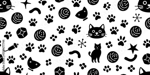 Seamless pattern of cute black cat faces paw prints and playful elements on white background