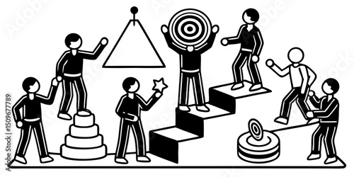 Teamwork and goals represented by stick figures aiming for targets and climbing stairs