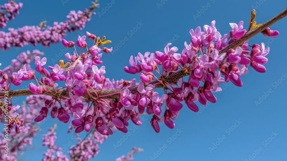 Vibrant pink blossoms cascade from a tree branch against a bright azure sky