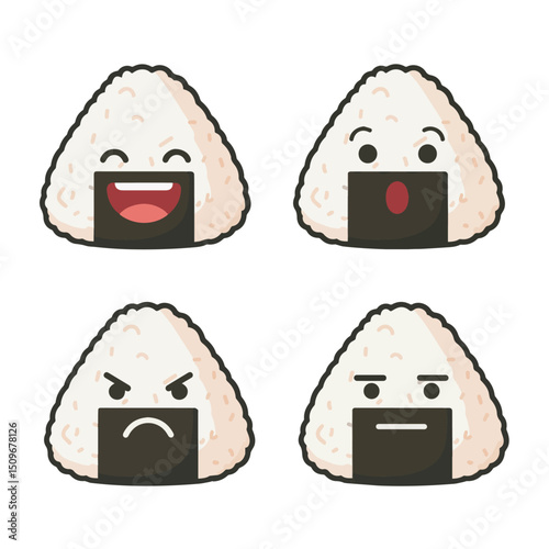 Cute onigiri japanese food characters showing various emotions: happy, surprised, angry, and neutral, each with expressive faces and seaweed wraps on a white background.