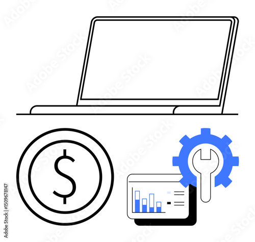 Laptop outline with financial coin, analytics dashboard, and gear representing finance, technology, and productivity. Ideal for business, data analysis, fintech, management optimization digital