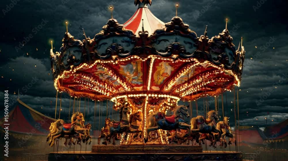 A dramatic, low-angle video shot of a vintage carousel at night, illuminated against a stormy sky, evoking a mysterious, nostalgic atmosphere. Live desktop wallpaper.
