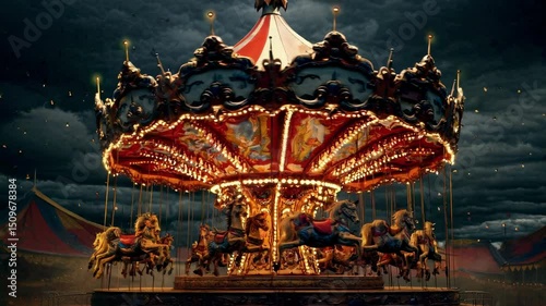 A dramatic, low-angle video shot of a vintage carousel at night, illuminated against a stormy sky, evoking a mysterious, nostalgic atmosphere. Live desktop wallpaper.