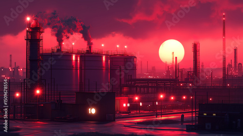 Industrial oil storage facility illuminated at dusk highlighting the complex infrastructure