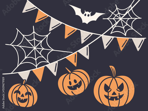 Halloween vector scene with decorative icons. Cute set includes pumpkin, ghost, bat, candy, cat, skull, grave, coffin, and spider for spooky background illustration.

