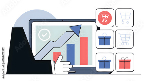 businessman using laptop with rising monthly ecommerce sales chart and shopping cart icons representing revenue growth digital business analytics and online retail strategy 64258902 1