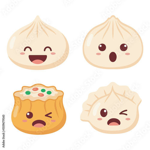Japanese food Cute dim sum characters with playful faces showing emotions, including bao buns, dumplings, and shumai, styled in a fun Japanese cartoon design.