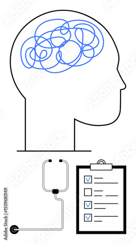 Human head with tangled brain lines, stethoscope, and checklist implying mental health diagnosis, problem-solving, and care planning. Ideal for healthcare, therapy, psychiatry, neuroscience