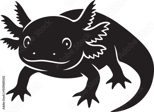Axolotl cartoon silhouette cute pet, Playful axolotl black and white sketch