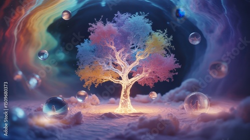 Ethereal Arbor of Chromatic Splendor Amidst Cosmic Swirls and Nebulous Orbs