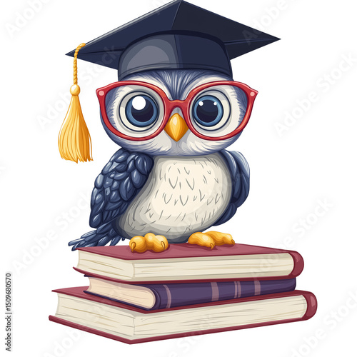 Owl in graduation cap with books. PNG image, transparent background